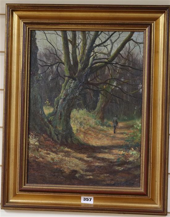 Alfred Townsend Figure of a gentleman walking along a wooded track 40 x 29cm